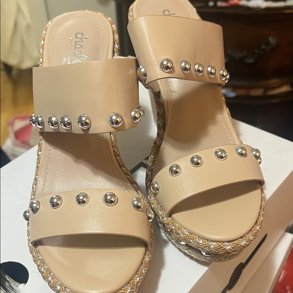 Charming Charlie Tan Wedges with Silver Studs